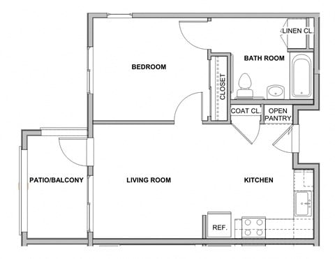 Floor plan for 1 bed, 1 bath, 579 sqft